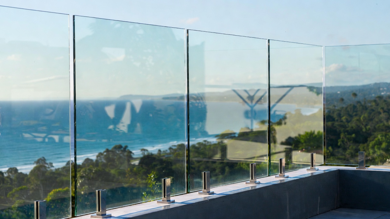 Close view of glass panels mounted on stainless steel spigots beside a pool