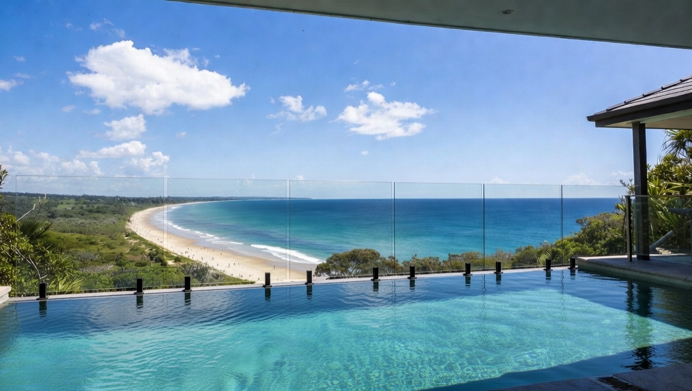 Panoramic view of frameless glass pool fencing on the Sunshine Coast